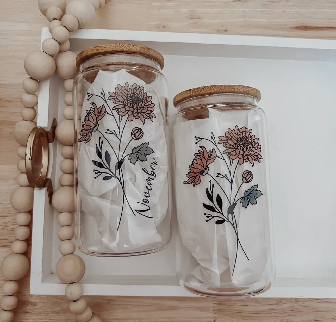 Birth flower glass cup with bamboo lid