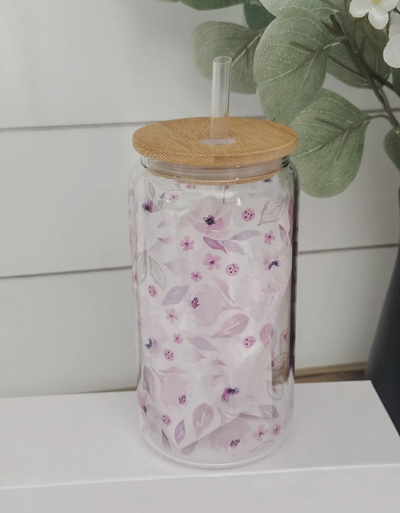 Glass cup with bamboo lid (various patterns)