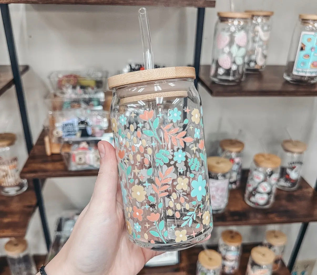 Glass cup with bamboo lid, 20 oz (various patterns)