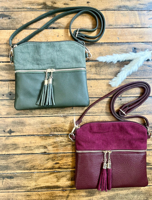 Corduroy dual zip crossbody (various)