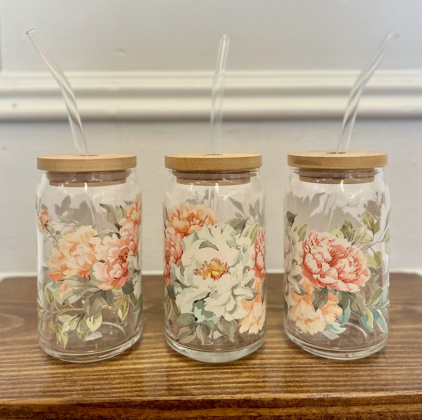 Glass cup with bamboo lid, 16 oz (various patterns)