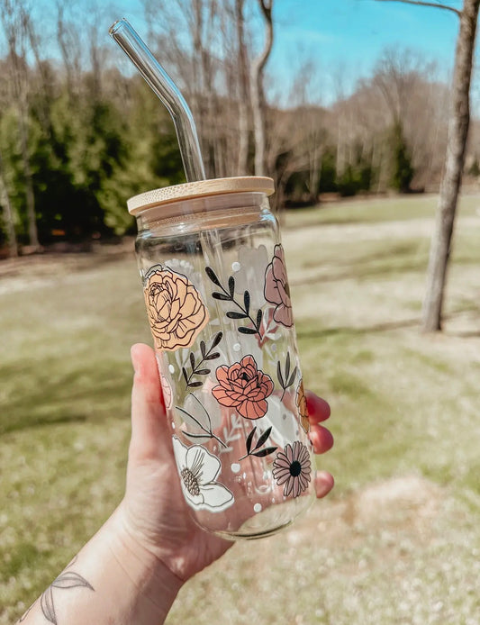 Glass cup with bamboo lid, 20 oz (various patterns)