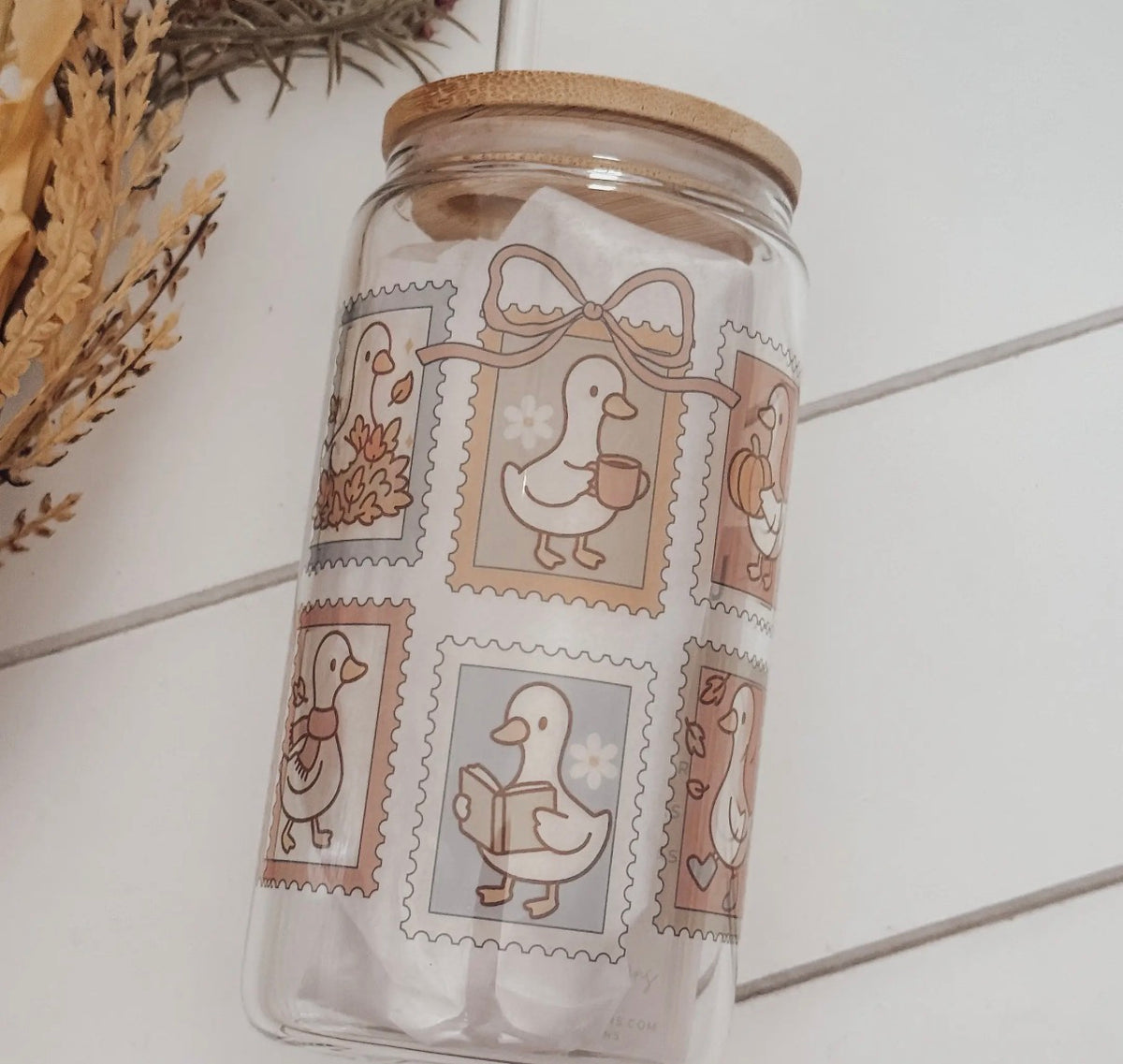 Glass cup with bamboo lid, 16 oz (various patterns)