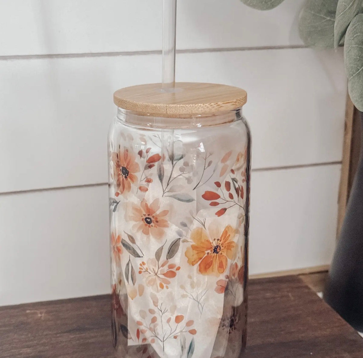 Glass cup with bamboo lid, 16 oz (various patterns)