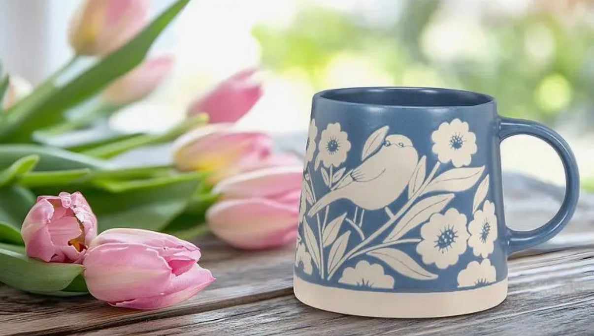 Blue floral bird mug
