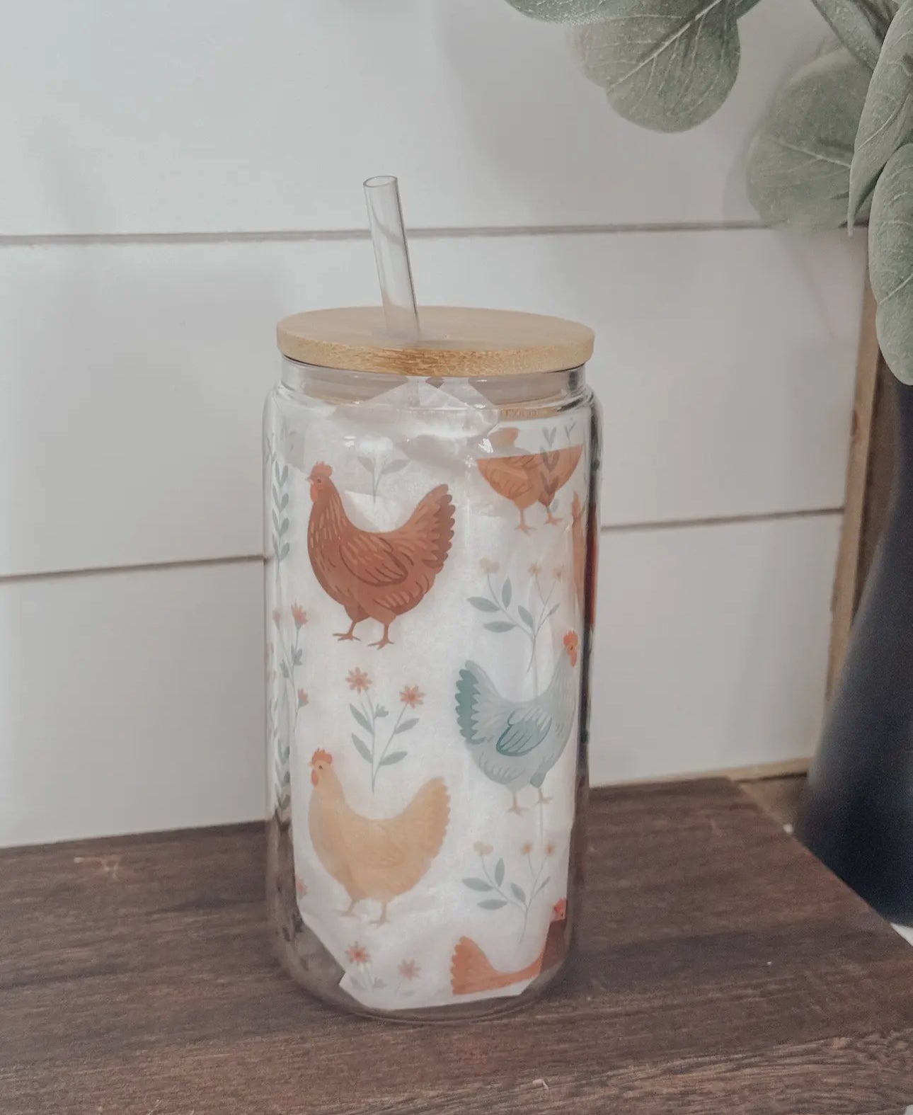 Glass cup with bamboo lid (various patterns)