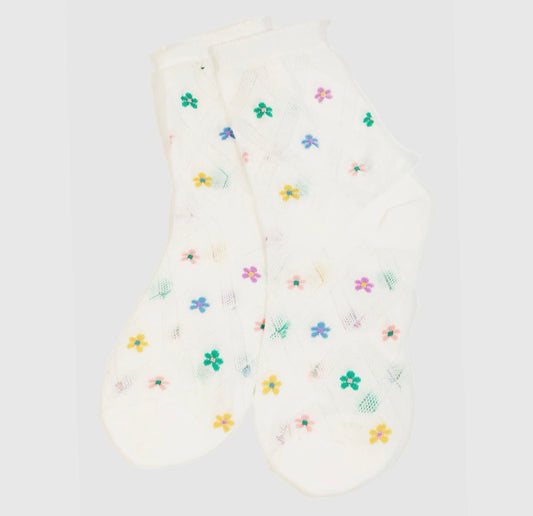 White flower print socks