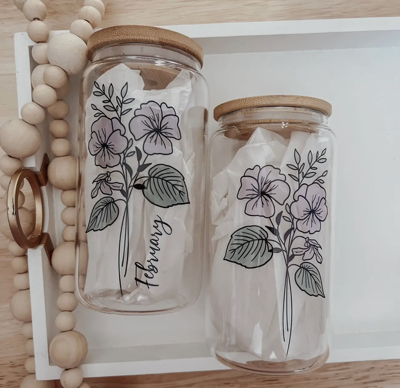 Birth flower glass cup with bamboo lid