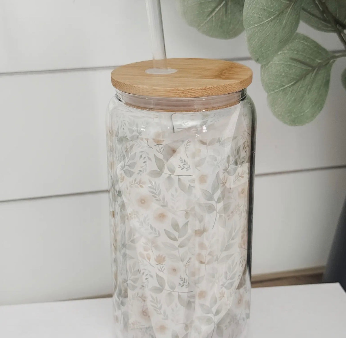 Glass cup with bamboo lid, 16 oz (various patterns)