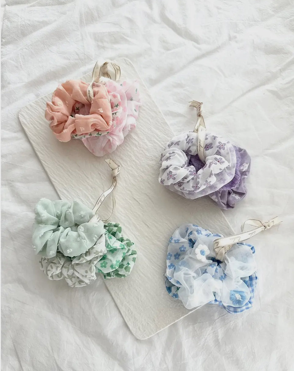 Girls ribbon floral hair scrunchie set (various)