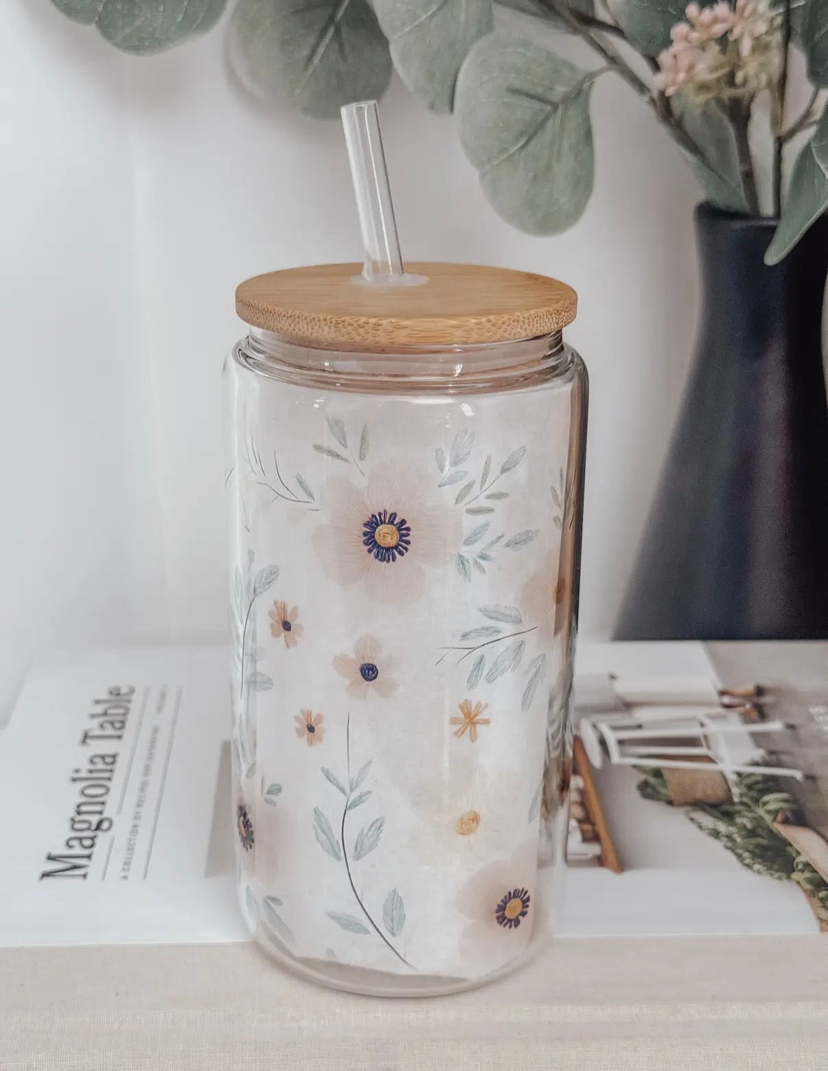 Glass cup with bamboo lid, 16 oz (various patterns)