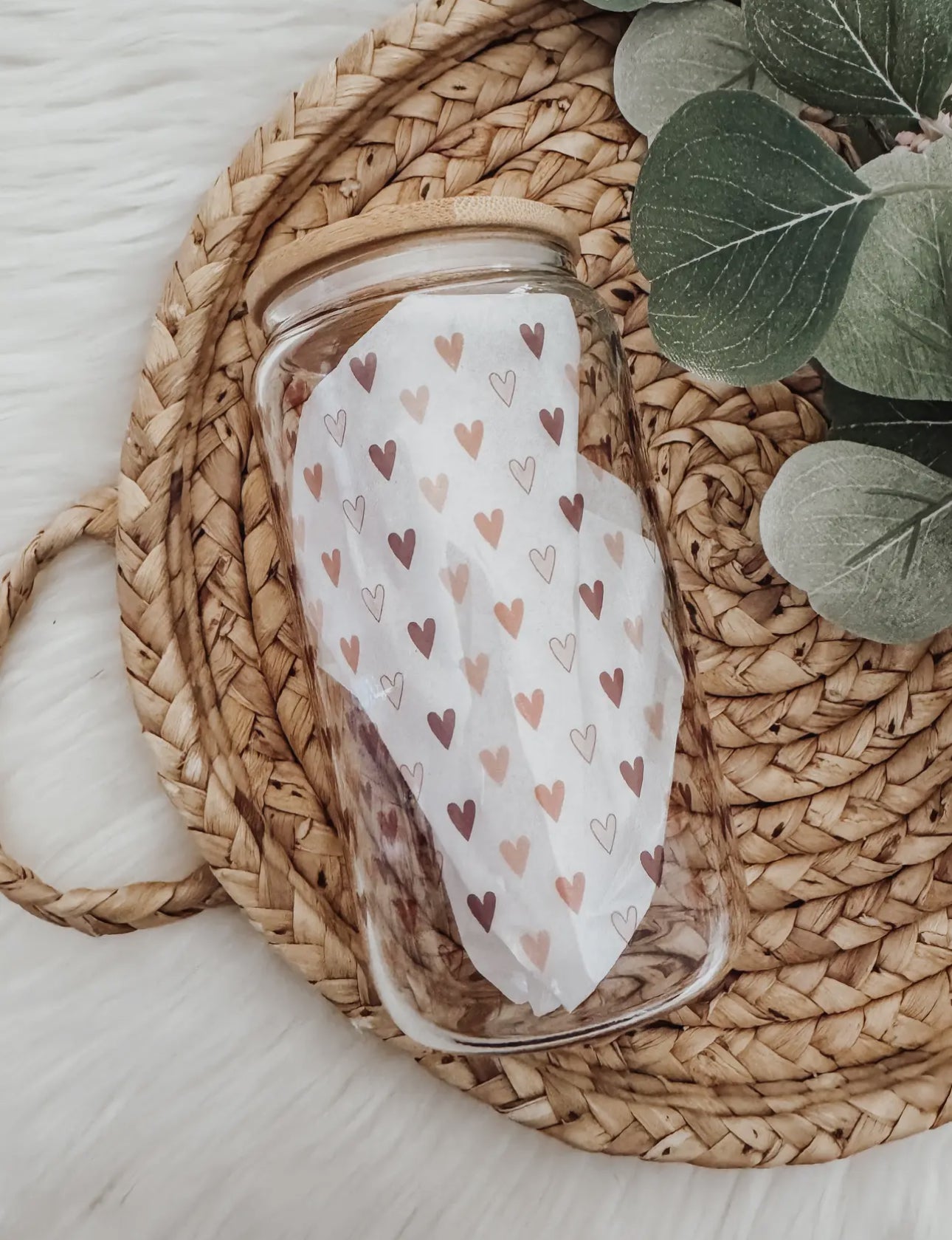 Glass cup with bamboo lid (various patterns)