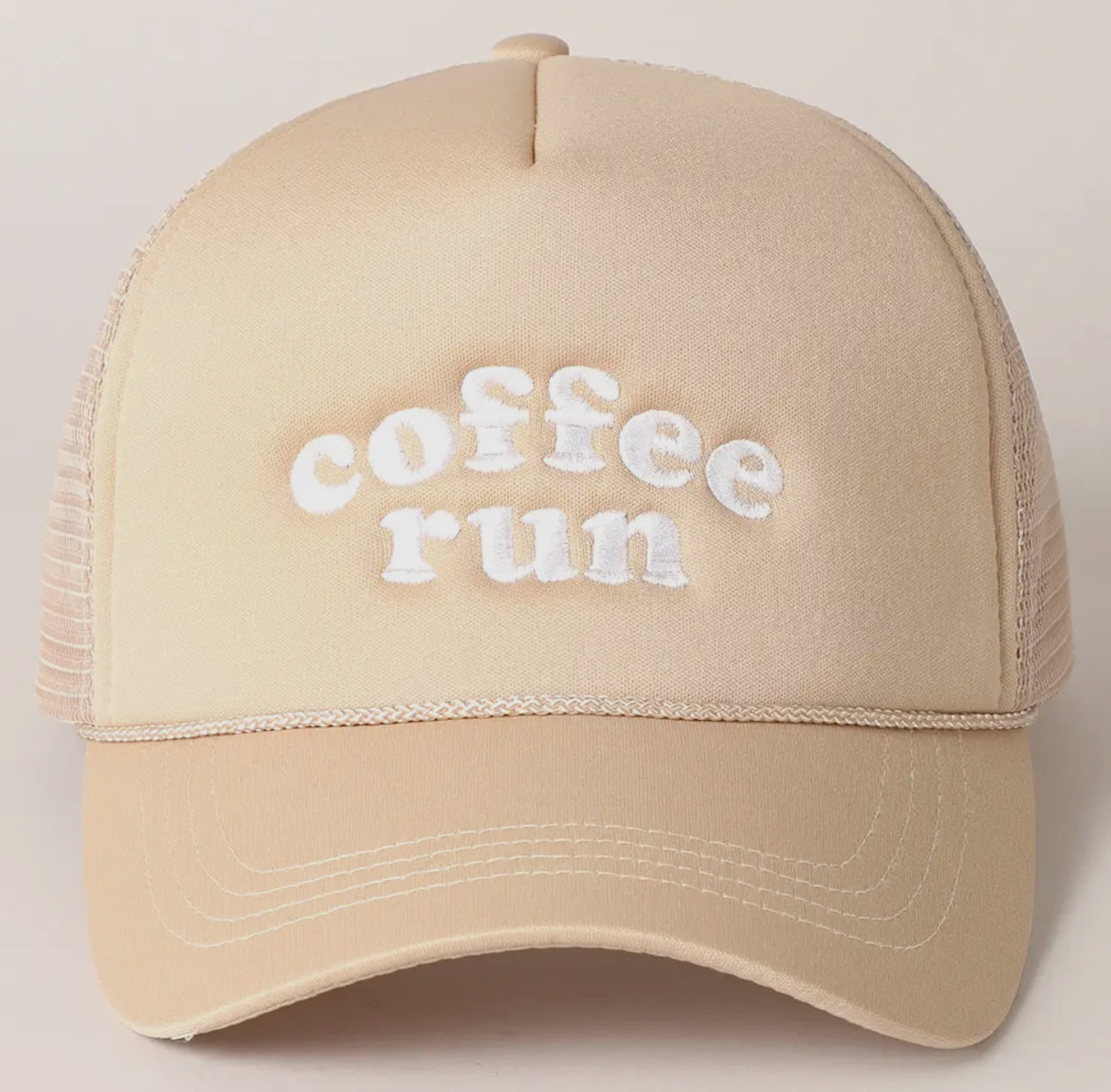 Coffee run embroidered mesh back trucker hat