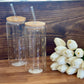 Glass tumbler cup with bamboo lid and straw