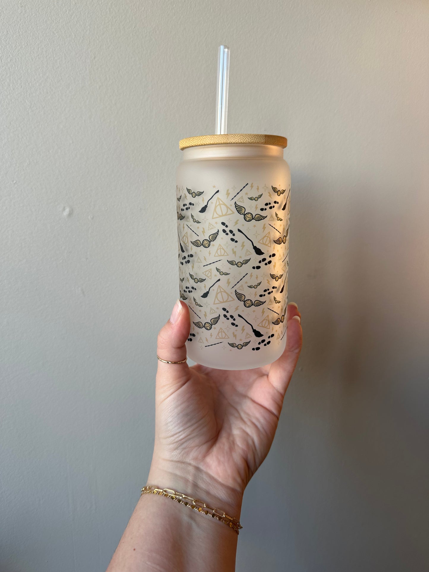 Harry Potter glass with bamboo lid and straw