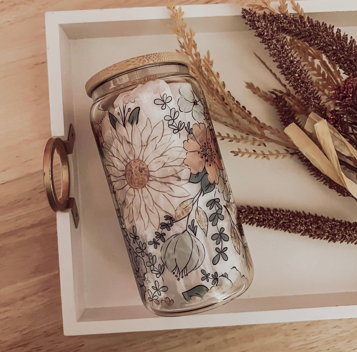 Glass cup with bamboo lid (various patterns)